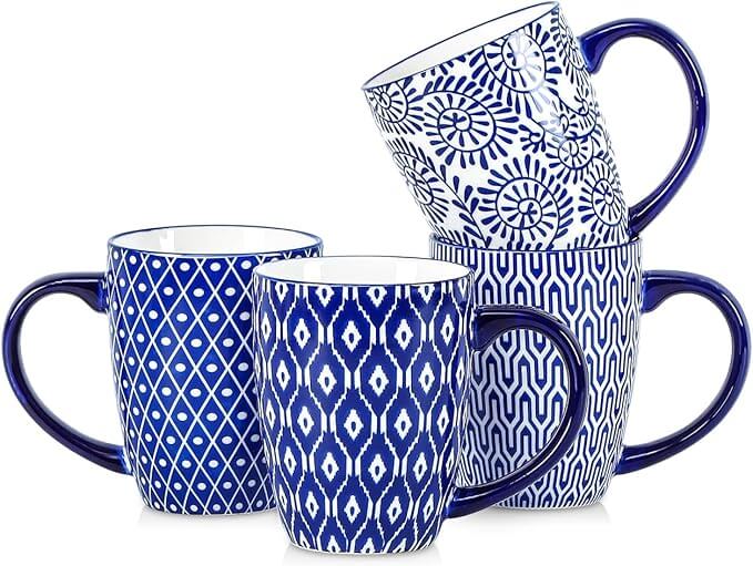 Blue and White Patterned Mug Set, 16oz – Set of 4