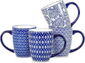Blue and White Patterned Mug Set, 16oz – Set of 4