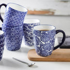 Blue and White Patterned Mug Set, 16oz – Set of 4
