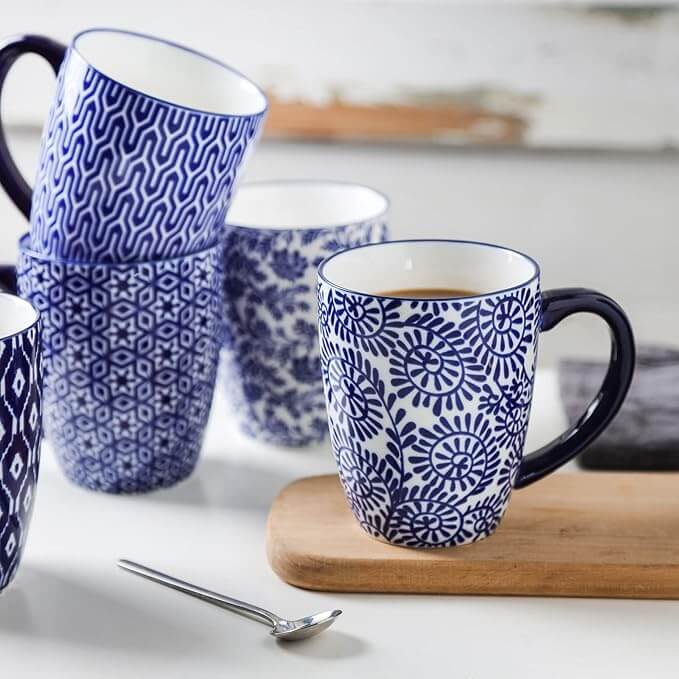 Blue and White Patterned Mug Set, 16oz – Set of 4