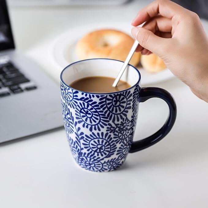 Blue and White Patterned Mug Set, 16oz – Set of 4