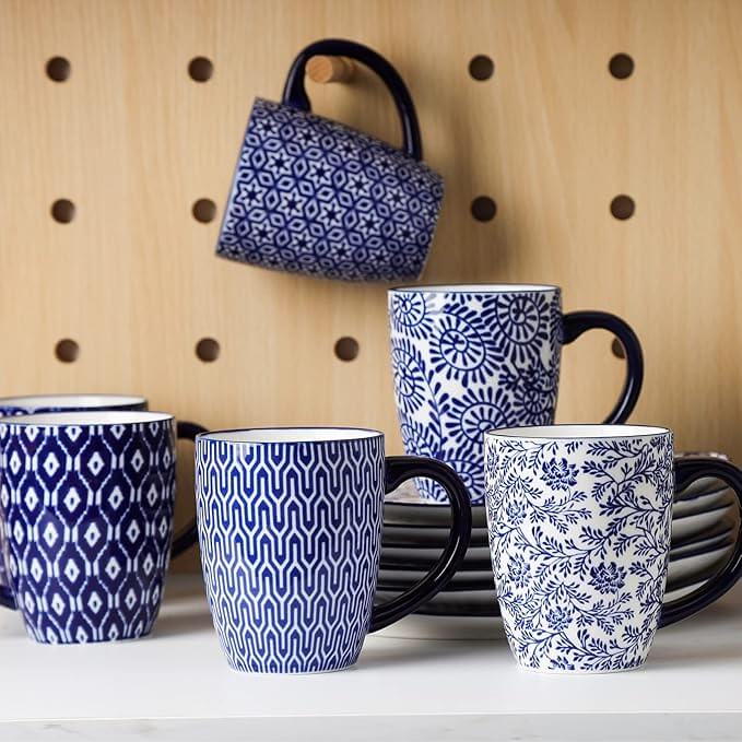 Blue and White Patterned Mug Set, 16oz – Set of 4