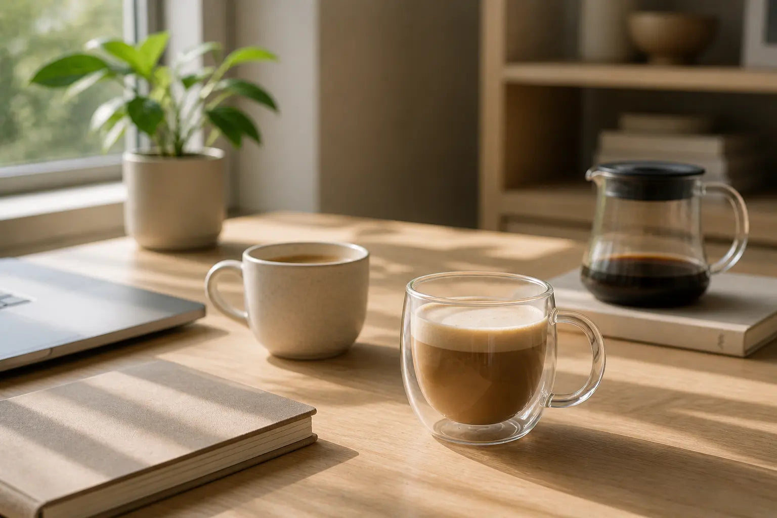 NewBrewAura coffee cups on a sunlit desk